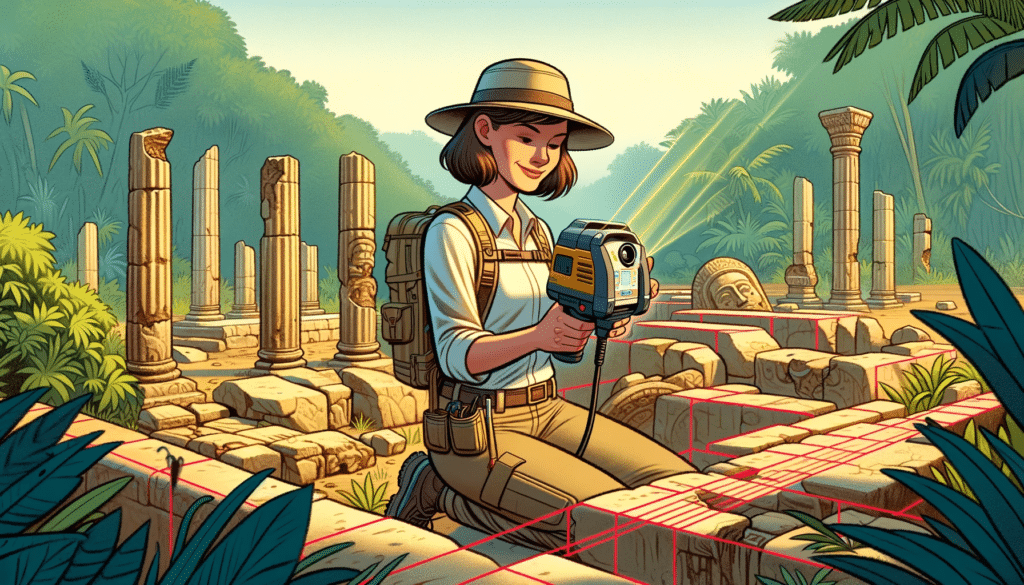 A cartoon-style image showing an archaeologist at an ancient ruin site, holding a handheld LiDAR device. The archaeologist, a woman with short brown hair.
