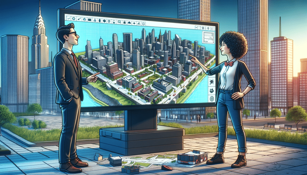 A cartoon-style image depicting a team of urban planners and engineers in a modern city environment, analyzing a large digital display showing a 3D city