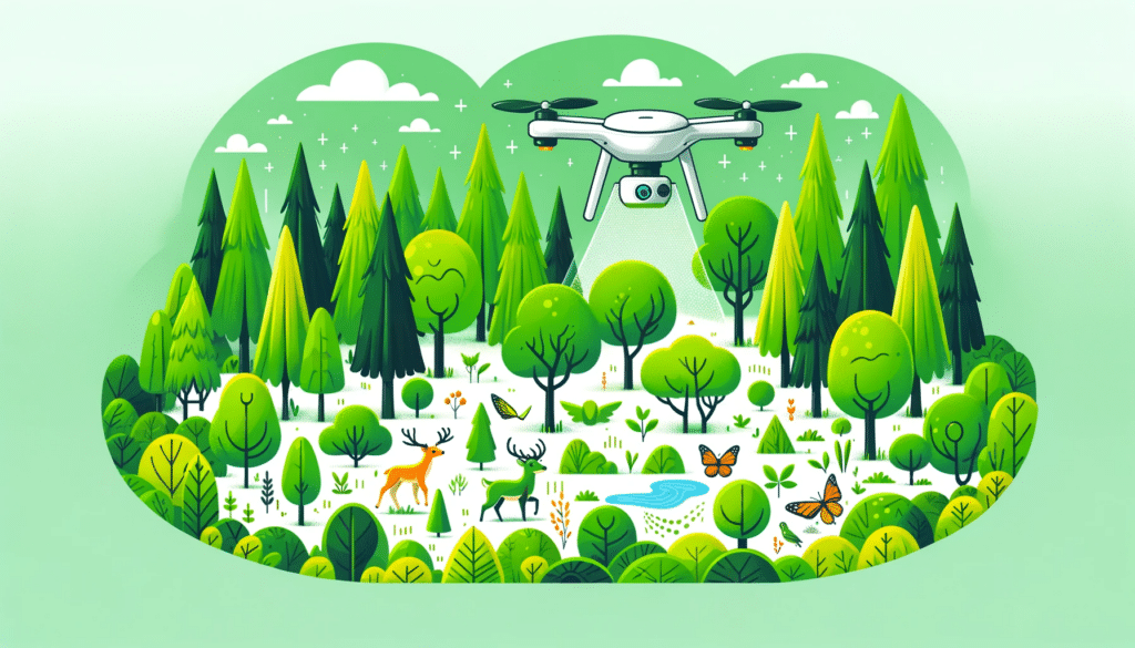 A cartoon style image of a lush green forest with a variety of trees and wildlife. In the scene, a drone equipped with LiDAR technology is flying above a wilderness area