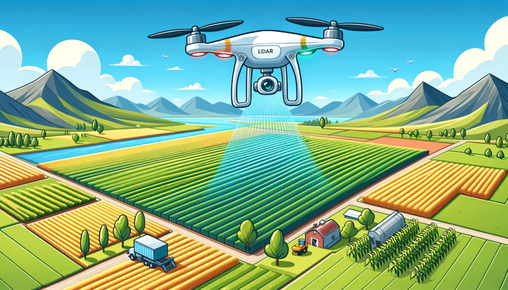 A cartoon style image showing a LiDAR-equipped drone flying over a vast agricultural landscape, illustrating the use of LiDAR in precision agriculture