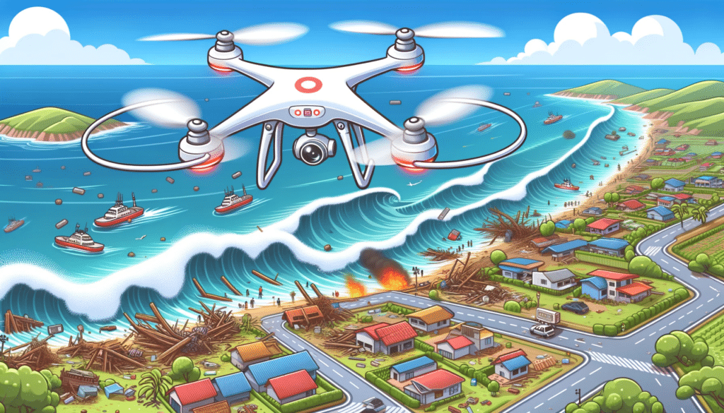 A cartoon style image of a drone aiding in a post-tsunami reconnaissance mission.