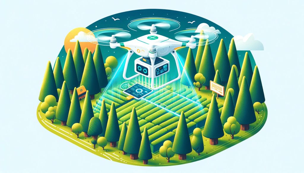 A cartoon style image showcasing a drone equipped with LiDAR technology flying over a forested area, executing precision agriculture tasks.