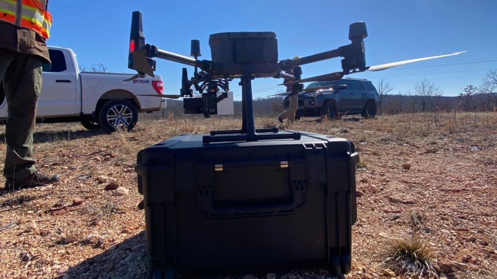 Blue Falcon Aerial's M300 and R2A LiDAR about to capture data for a client.