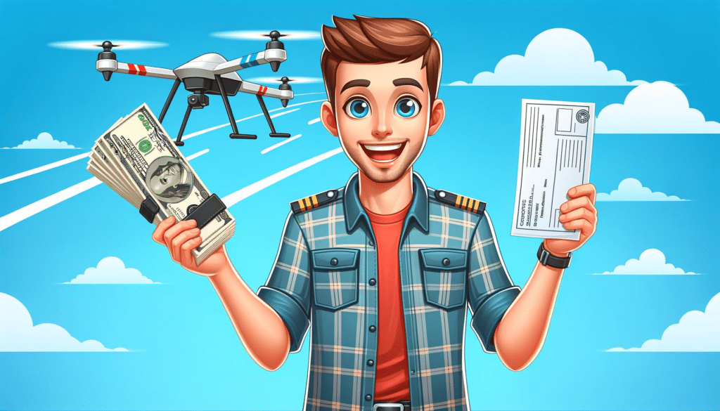 A cartoon style image of a drone pilot in casual attire, cheerfully holding a paycheck with a drone flying in the background