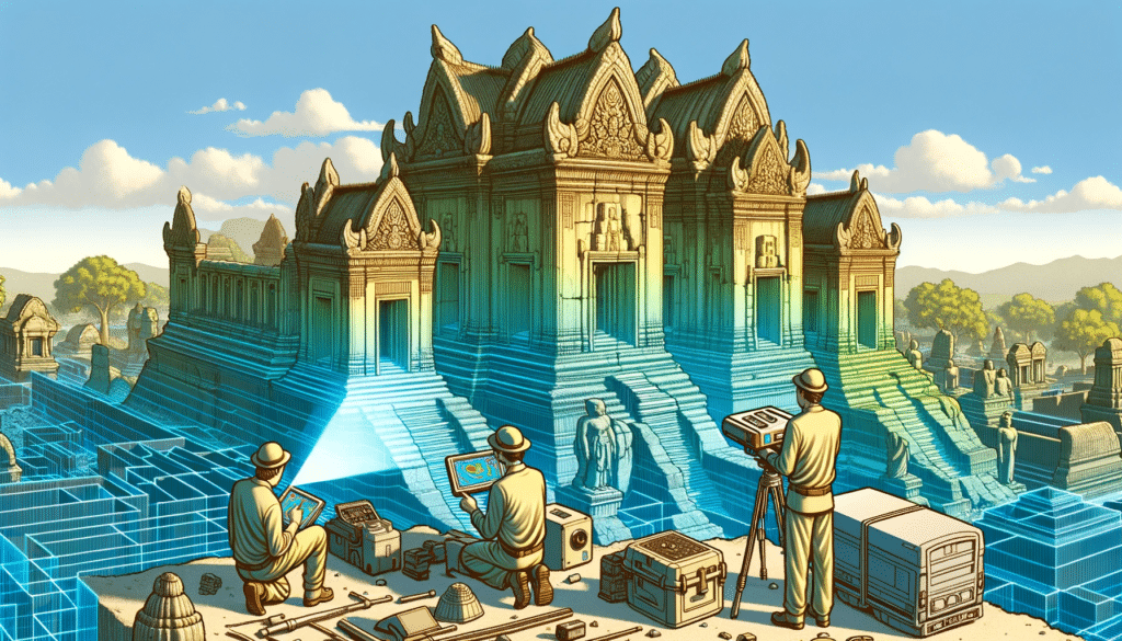 A cartoon style image of an archaeology team using LiDAR scanning to map an ancient temple complex, with detailed architecture visible