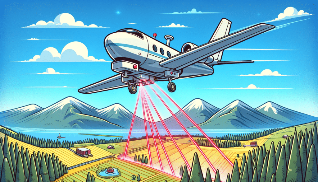 Cartoon style depiction of a modern LiDAR system mounted on an airplane, flying over a landscape and scanning the ground below with laser beams