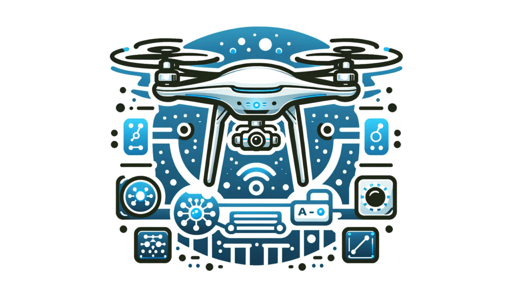 A cartoon style image of a drone equipped with advanced AI technology, illustrating innovation in the drone market.