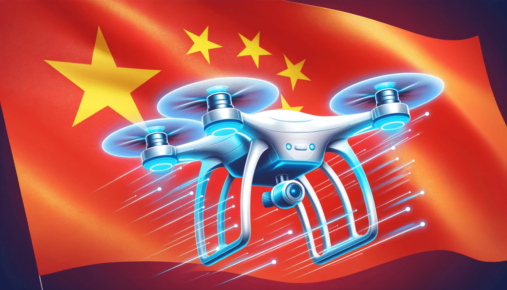 A cartoon style image of a futuristic drone flying in front of a Chinese flag, symbolizing the global presence of Chinese drone manufacturers