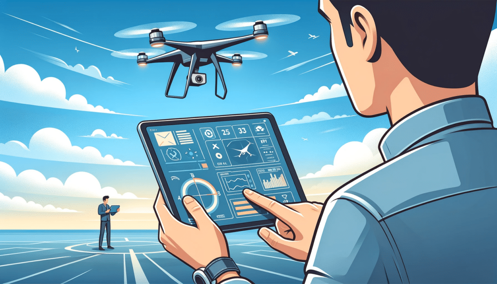 Cartoon style image of a person using a tablet to control and monitor a drone's flight, with a clear sky and the drone visible in the distance