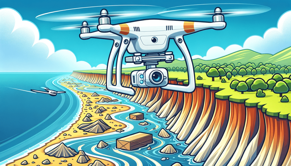 A cartoon style image illustrating a drone performing environmental monitoring over a coastal area affected by erosion. The drone is equipped with sensors