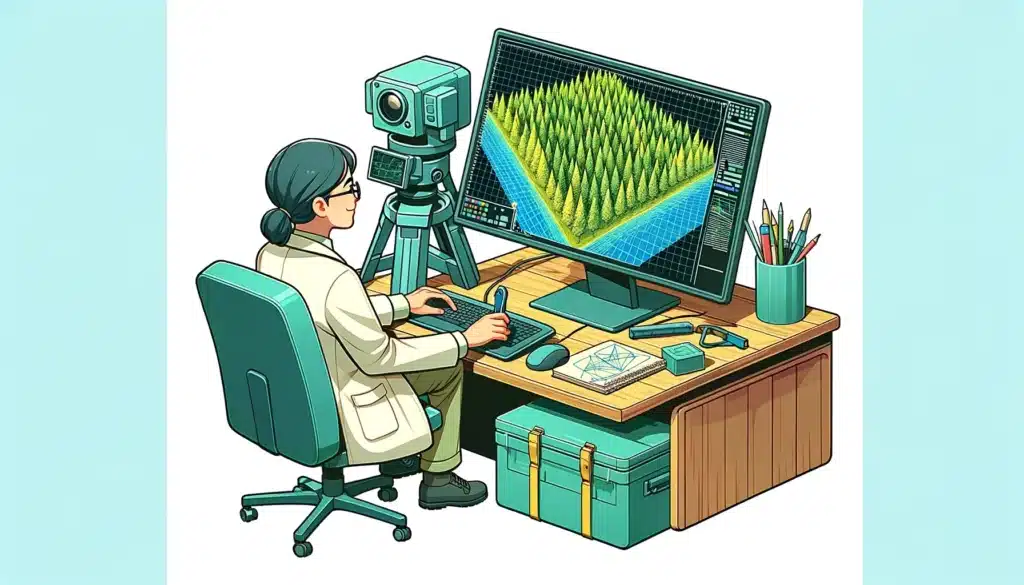 A cartoon style image of a scientist analyzing LiDAR data on a computer, showing a detailed 3D map of a forested area