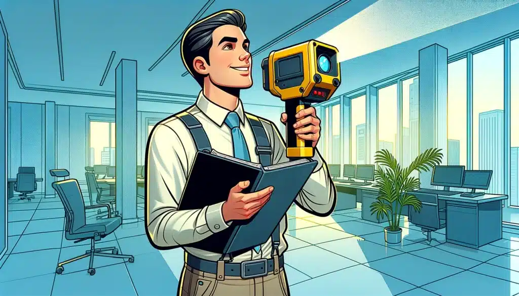A cartoon style image of a technician using a handheld Lidar device to map the interior of a modern office building