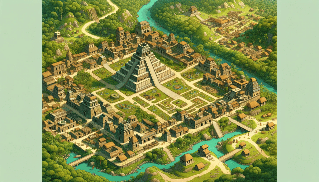 Cartoon style image of a detailed aerial view of an ancient city in the Amazon, with structures like temples and plazas interconnected by roads