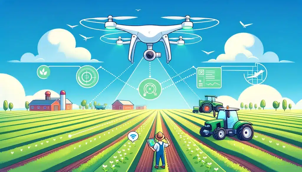 A cartoon image showing a drone flying over a farm, capturing data with sensors and a camera. The farm has fields of crops in neat rows
