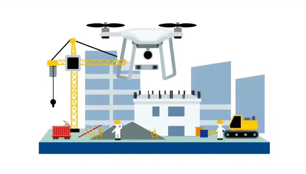 A cartoon image of a construction site with a drone flying overhead. The drone is equipped with a camera and sensors, surveying the area.
