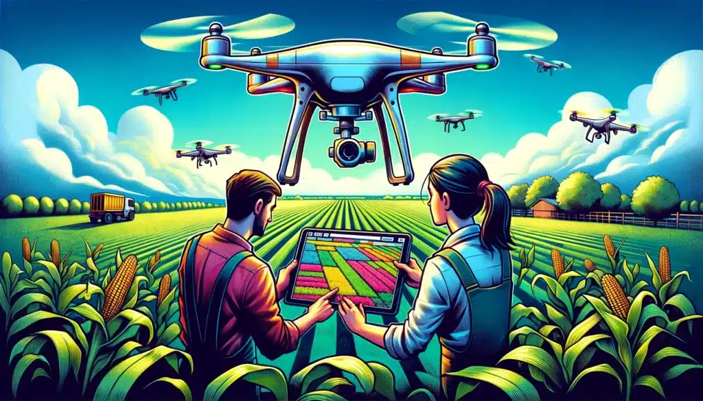 A cartoon illustration showing a group of farmers analyzing a drone-captured orthomosaic map on a digital tablet in the middle of a field.