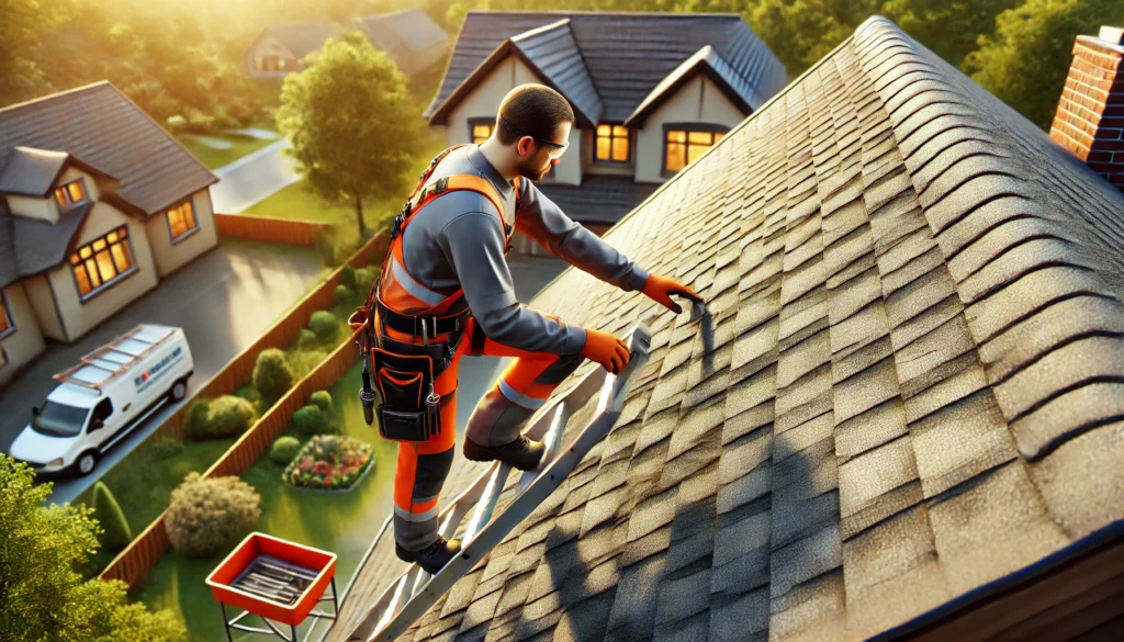 A-realistic-image-of-a-roofing-contractor-on-a-ladder-inspecting-shingles-on-a-house-roof.-The-contractor-is-wearing-safety-gear